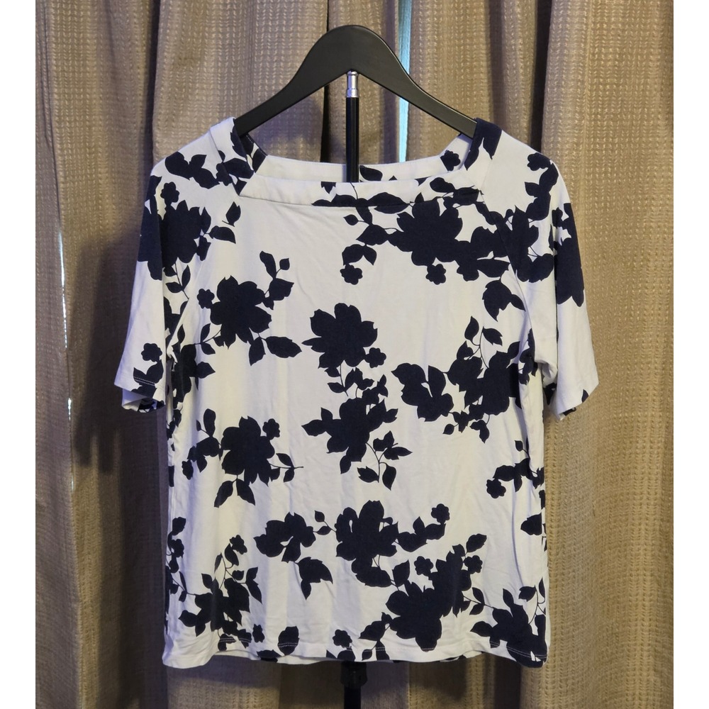 Talbots Petite Floral Print Blouse Women's‎ Size LP White Navy